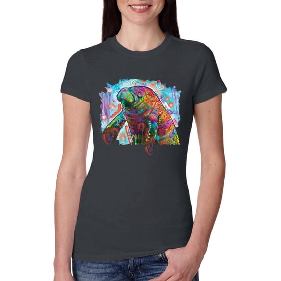 Wild Bobby Rainbow Painted Manatee Dean Russo Design Animal Lover Women Slim Fit Junior Tee, Dark Grey, XX-Large