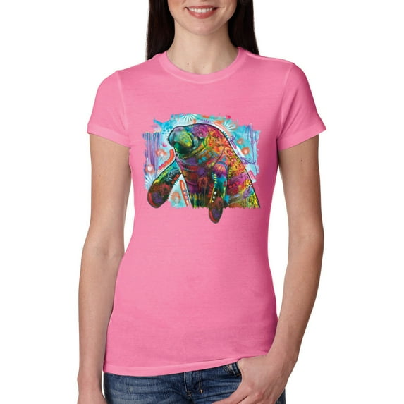 Wild Bobby Rainbow Painted Manatee Dean Russo Design Animal Lover Women Slim Fit Junior Tee, Hot Pink, Medium