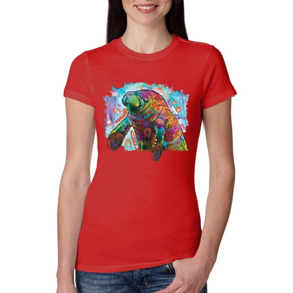 Wild Bobby Rainbow Painted Manatee Dean Russo Design Animal Lover Women Slim Fit Junior Tee, Red, X-Large