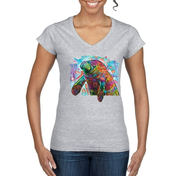 Wild Bobby Rainbow Painted Manatee Dean Russo Design Animal Lover Women Standard V-Neck Tee, Heather Grey, Small