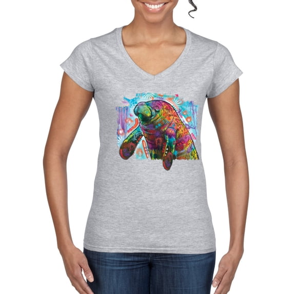 Wild Bobby Rainbow Painted Manatee Dean Russo Design Animal Lover Women Standard V-Neck Tee, Heather Grey, Small