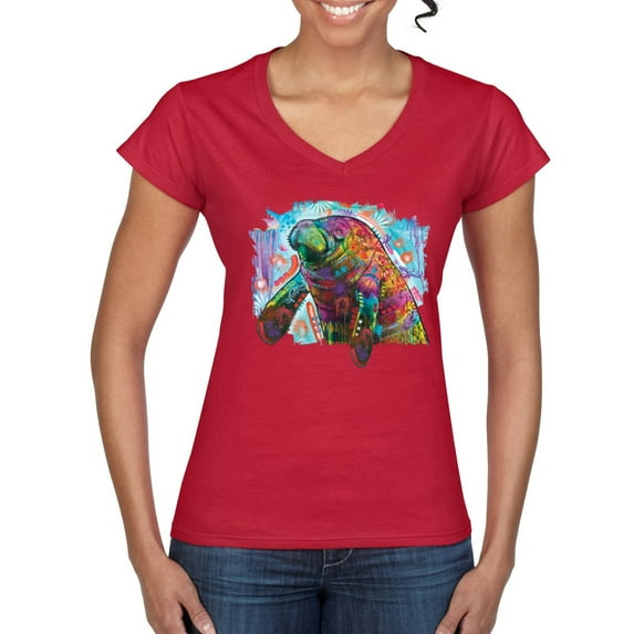 Wild Bobby Rainbow Painted Manatee Dean Russo Design Animal Lover Women Standard V-Neck Tee, Red, Medium