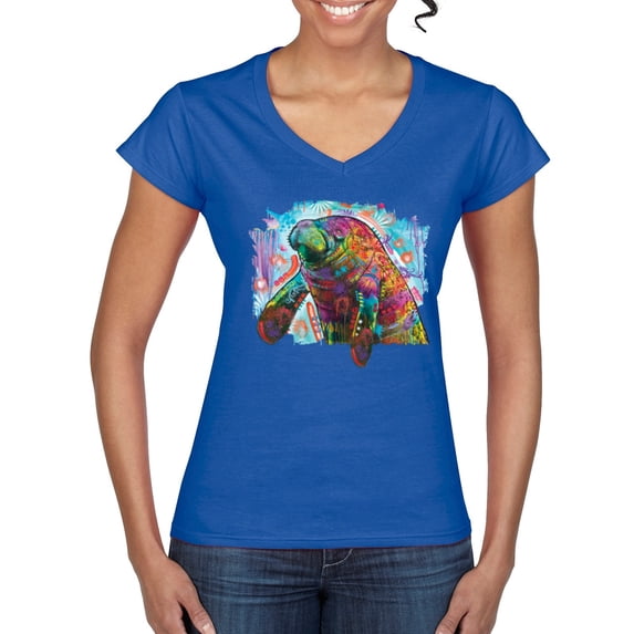 Wild Bobby Rainbow Painted Manatee Dean Russo Design Animal Lover Women Standard V-Neck Tee, Royal, Small