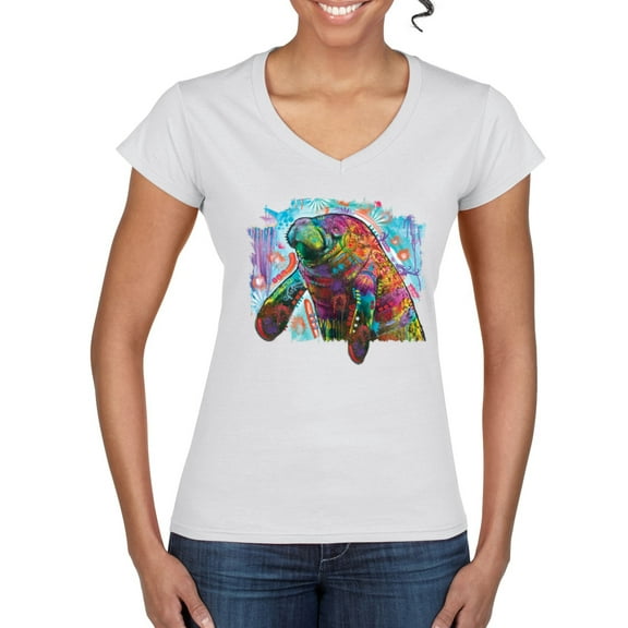 Wild Bobby Rainbow Painted Manatee Dean Russo Design Animal Lover Women Standard V-Neck Tee, White, Large