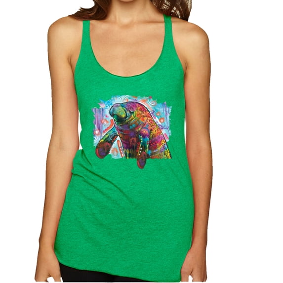 Wild Bobby Rainbow Painted Manatee Dean Russo Design Animal Lover Women Tri-Blend Racerback Tank Top, Envy, Small