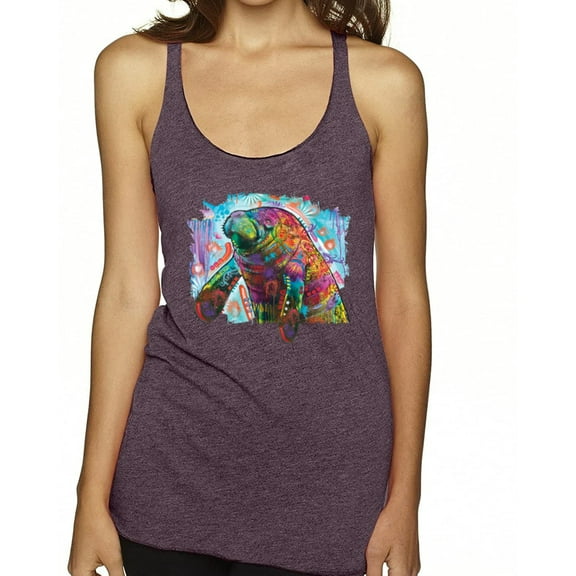Wild Bobby Rainbow Painted Manatee Dean Russo Design Animal Lover Women Tri-Blend Racerback Tank Top, Purple Vintage, X-Large