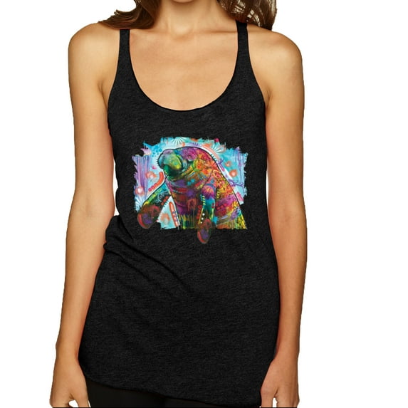 Wild Bobby Rainbow Painted Manatee Dean Russo Design Animal Lover Women Tri-Blend Racerback Tank Top, Vintage Black, Small