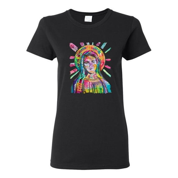 Wild Bobby Rainbow Painted Mother Mary Dean Russo Design Inspirational/Christian Women Graphic Tee, Black, 3X-Large
