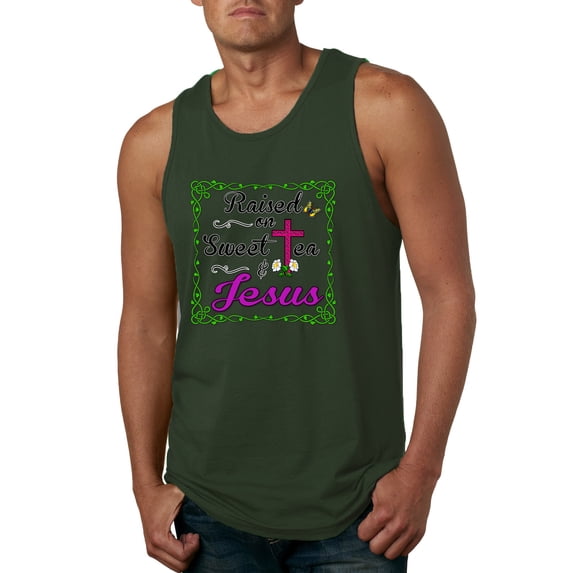 Wild Bobby, Raised On Sweet Tea & Jesus, Inspirational Christian, Men Graphic Tank Top, Forest Green, Medium