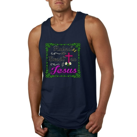 Wild Bobby, Raised On Sweet Tea & Jesus, Inspirational Christian, Men Graphic Tank Top, Navy, Medium