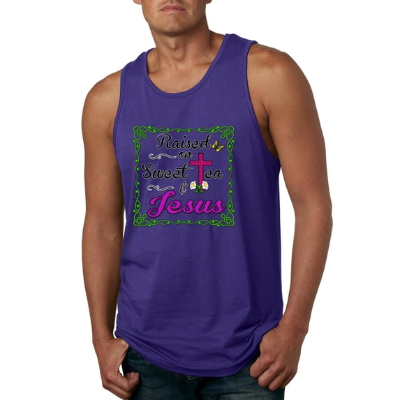 Wild Bobby, Raised On Sweet Tea & Jesus, Inspirational Christian, Men Graphic Tank Top, Purple, Medium