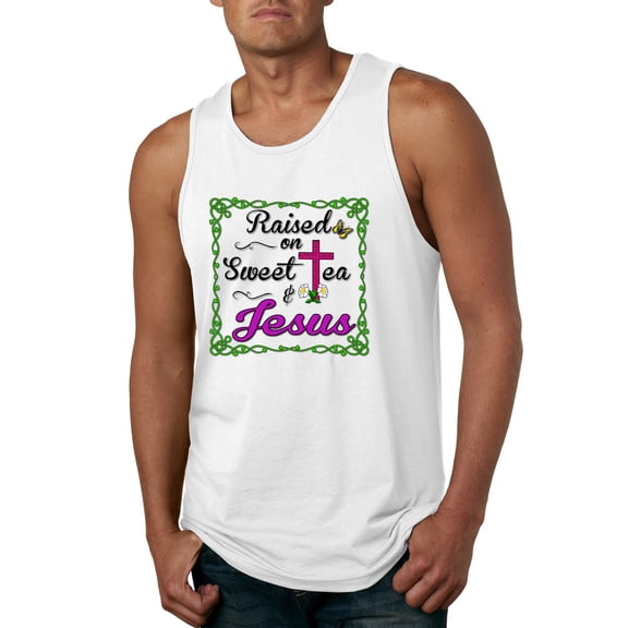 Wild Bobby, Raised On Sweet Tea & Jesus, Inspirational Christian, Men Graphic Tank Top, White, XX-Large