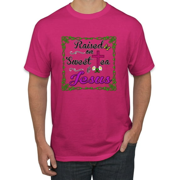 Wild Bobby, Raised On Sweet Tea & Jesus, Inspirational Christian, Men Graphic Tee, Fuschia, 4X-Large
