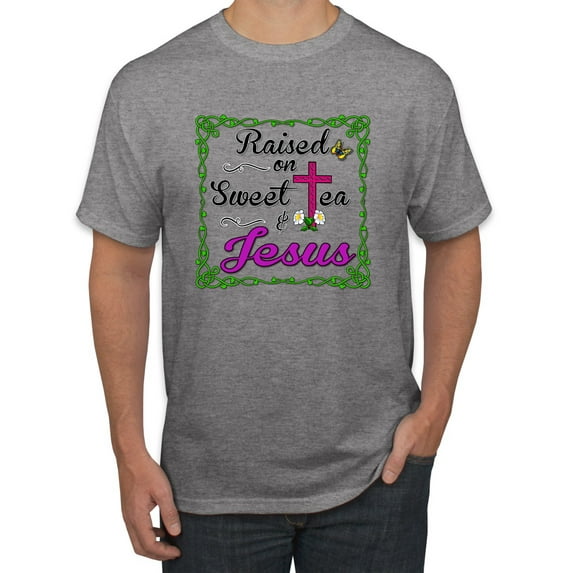 Wild Bobby, Raised On Sweet Tea & Jesus, Inspirational Christian, Men Graphic Tee, Heather Grey, Large