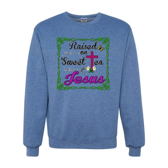 Wild Bobby, Raised On Sweet Tea & Jesus, Inspirational Christian, Unisex Crewneck Graphic Sweatshirt, Vintage Heather Blue, X-Large