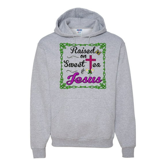 Wild Bobby, Raised On Sweet Tea & Jesus, Inspirational Christian, Unisex Graphic Hoodie Sweatshirt, Heather Grey, XX-Large