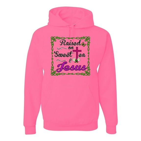 Wild Bobby, Raised On Sweet Tea & Jesus, Inspirational Christian, Unisex Graphic Hoodie Sweatshirt, Neon Pink, X-Large