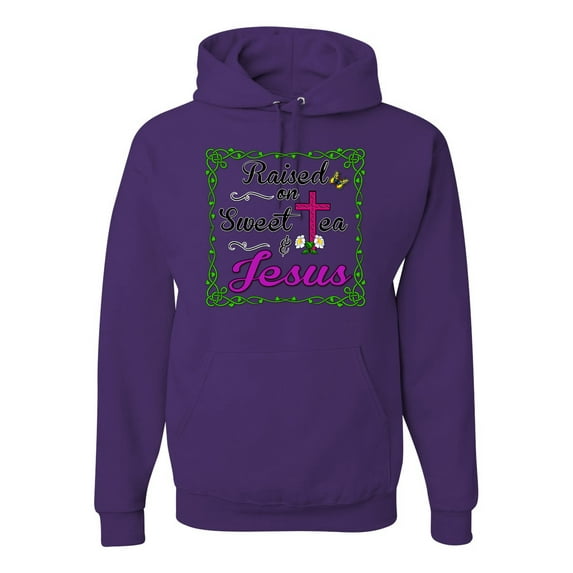 Wild Bobby, Raised On Sweet Tea & Jesus, Inspirational Christian, Unisex Graphic Hoodie Sweatshirt, Purple, Large