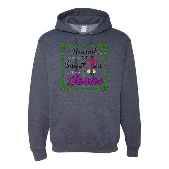 Wild Bobby, Raised On Sweet Tea & Jesus, Inspirational Christian, Unisex Graphic Hoodie Sweatshirt, Vintage Heather Navy, Medium