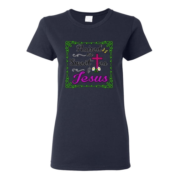 Wild Bobby, Raised On Sweet Tea & Jesus, Inspirational Christian, Women Graphic Tee, Navy, Large