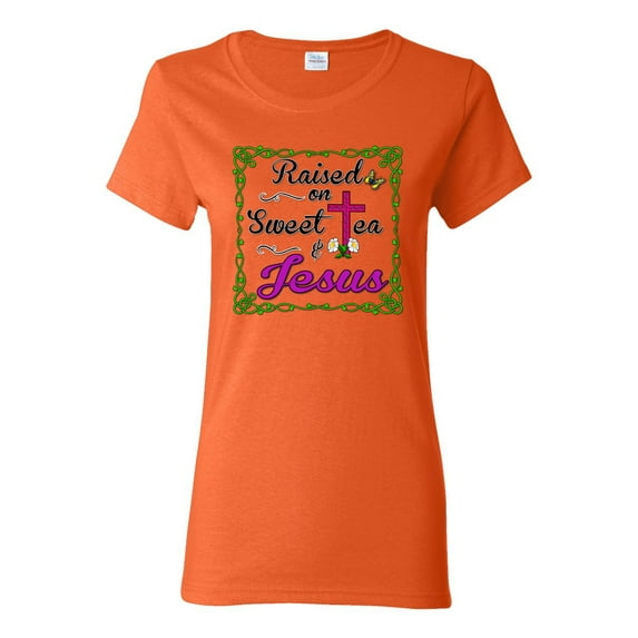 Wild Bobby, Raised On Sweet Tea & Jesus, Inspirational Christian, Women Graphic Tee, Orange, 3X-Large