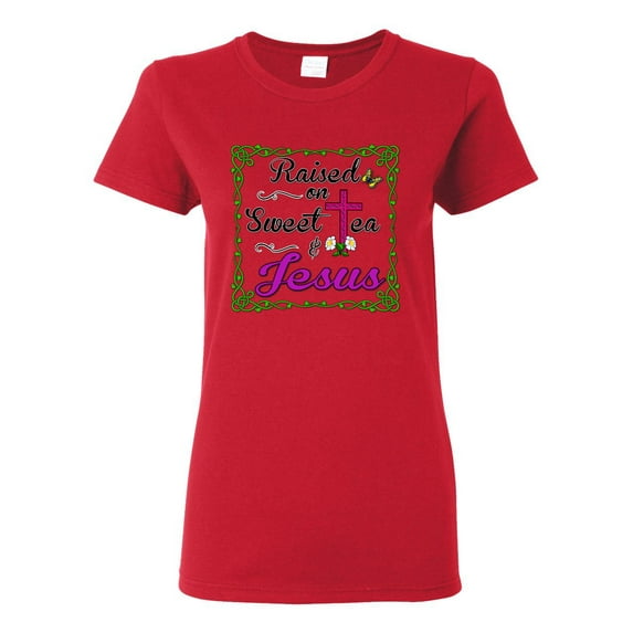 Wild Bobby, Raised On Sweet Tea & Jesus, Inspirational Christian, Women Graphic Tee, Red, X-Large