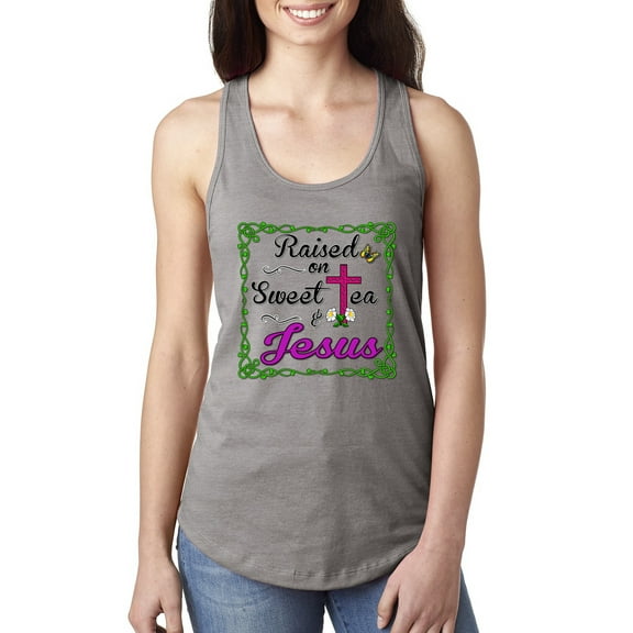 Wild Bobby, Raised On Sweet Tea & Jesus, Inspirational Christian, Women Racerback Tank Top, Heather Grey, Medium
