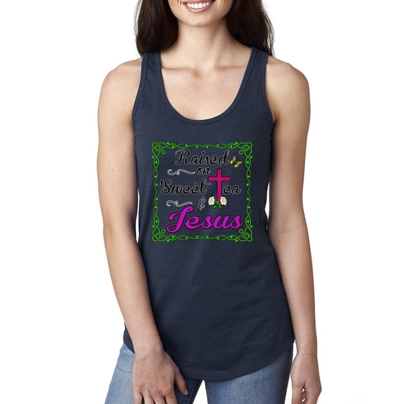 Wild Bobby, Raised On Sweet Tea & Jesus, Inspirational Christian, Women Racerback Tank Top, Navy, Medium