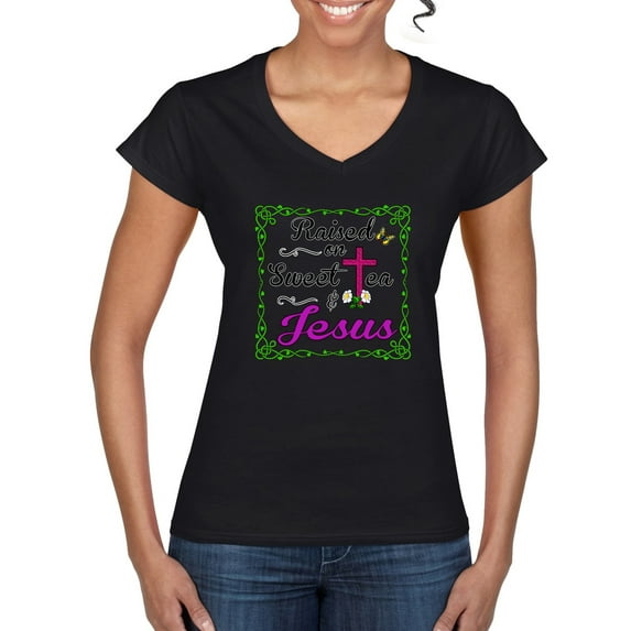 Wild Bobby, Raised On Sweet Tea & Jesus, Inspirational Christian, Women Standard V-Neck Tee, Black, XX-Large