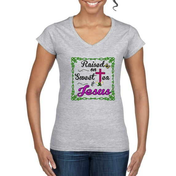 Wild Bobby, Raised On Sweet Tea & Jesus, Inspirational Christian, Women Standard V-Neck Tee, Heather Grey, X-Large