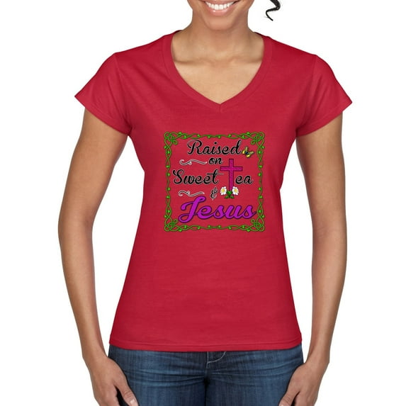 Wild Bobby, Raised On Sweet Tea & Jesus, Inspirational Christian, Women Standard V-Neck Tee, Red, XX-Large