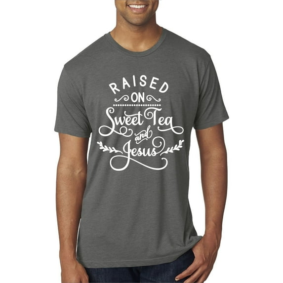 Wild Bobby Raised on Sweet Tea and Jesus Inspirational/Christian Men Premium Tri Blend Tee, Dark Heather, Large