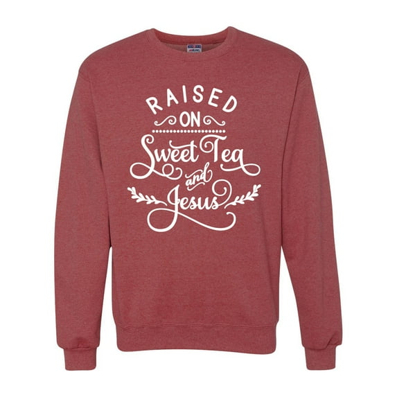 Wild Bobby Raised on Sweet Tea and Jesus Inspirational/Christian Unisex Crewneck Graphic Sweatshirt, Vintage Heather Red, XX-Large