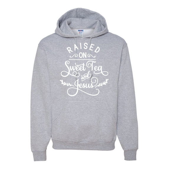 Wild Bobby Raised on Sweet Tea and Jesus Inspirational/Christian Unisex Graphic Hoodie Sweatshirt, Heather Grey, Large