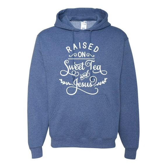 Wild Bobby Raised on Sweet Tea and Jesus Inspirational/Christian Unisex Graphic Hoodie Sweatshirt, Vintage Heather Blue, Medium