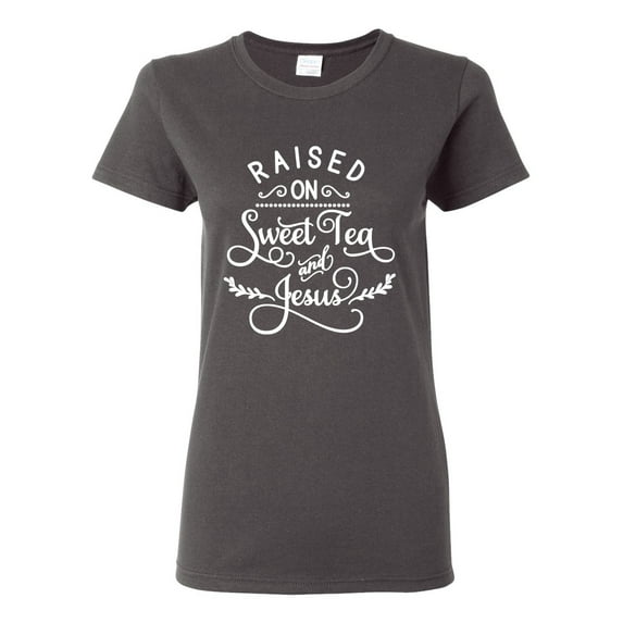 Wild Bobby Raised on Sweet Tea and Jesus Inspirational/Christian Women Graphic Tee, Charcoal, XX-Large