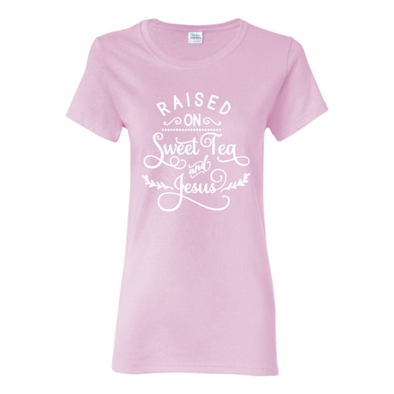 Wild Bobby Raised on Sweet Tea and Jesus Inspirational/Christian Women Graphic Tee, Light Pink, Large