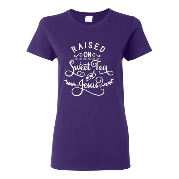 Wild Bobby Raised on Sweet Tea and Jesus Inspirational/Christian Women Graphic Tee, Purple, X-Large