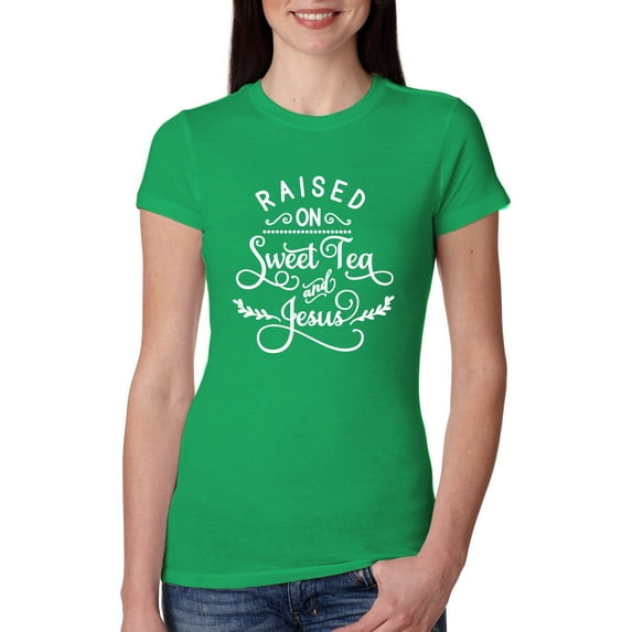Wild Bobby Raised on Sweet Tea and Jesus Inspirational/Christian Women Slim Fit Junior Tee, Kelly, Medium