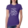 thumbnail image 1 of Wild Bobby, Raised on Sweet Tea and Jesus Inspirational/Christian Women Slim Fit Junior Tee, Purple Rush, Small, 1 of 5