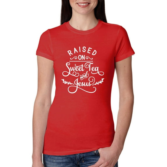 Wild Bobby Raised on Sweet Tea and Jesus Inspirational/Christian Women Slim Fit Junior Tee, Red, XX-Large
