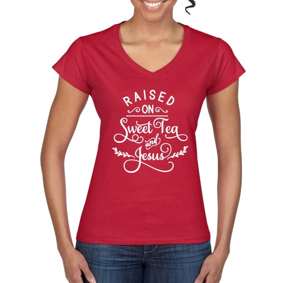 Wild Bobby Raised on Sweet Tea and Jesus Inspirational/Christian Women Standard V-Neck Tee, Red, Small
