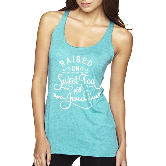 Wild Bobby Raised on Sweet Tea and Jesus Inspirational/Christian Women Tri-Blend Racerback Tank Top, Tahiti Blue, X-Large