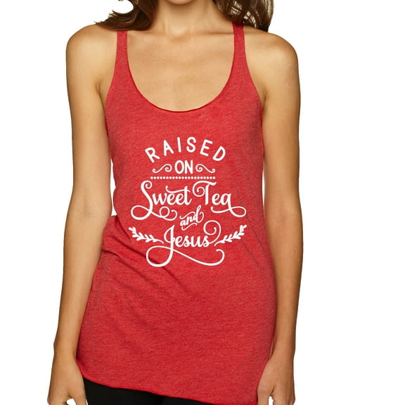 Wild Bobby Raised on Sweet Tea and Jesus Inspirational/Christian Women Tri-Blend Racerback Tank Top, Vintage Red, Small
