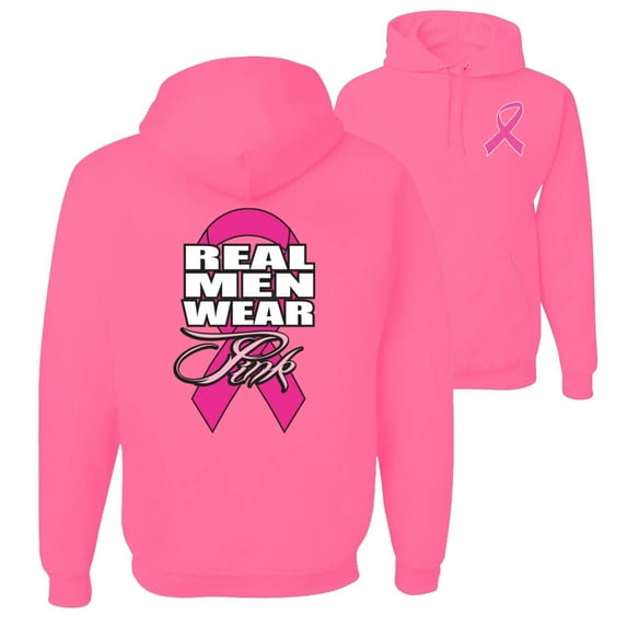 Wild Bobby, Real Men Wear Pink, Breast Cancer Awareness, Front and Back Unisex Graphic Hoodie Sweatshirt, Neon Pink, Medium