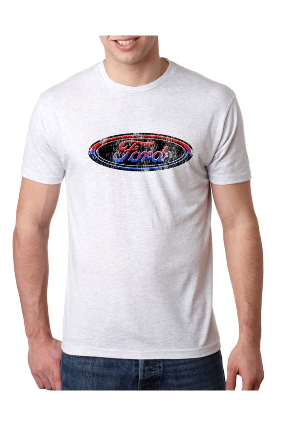 , Red Blue and Black Ford Logo | Mens Cars and Trucks Premium Tri Blend T-Shirt, Heather White, Small