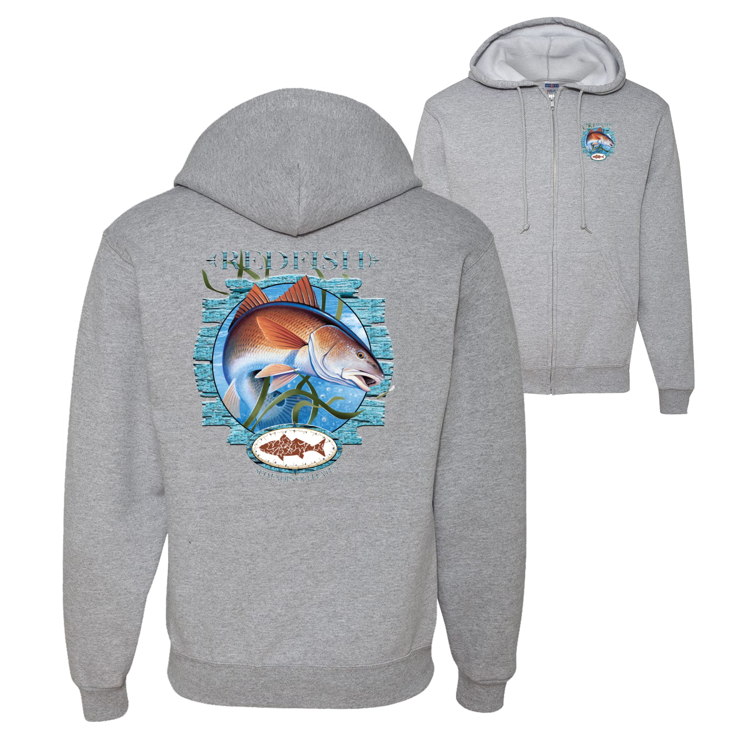 Wild Bobby,Red Fish Sciaenops Ocellatus Fishing Front and Back Graphic Zip  Up Hoodie Sweatshirt, Heather Grey, X-Large