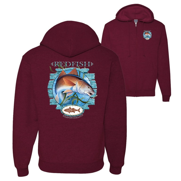 Wild Bobby,Red Fish Sciaenops Ocellatus Fishing Front and Back Graphic Zip  Up Hoodie Sweatshirt, Maroon, Small