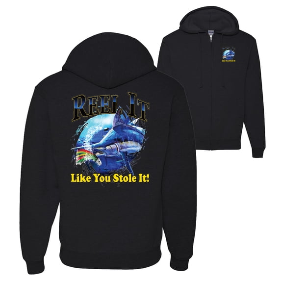 Wild Bobby,Reel It Like You Stole It Fishing Front and Back Graphic Zip Up Hoodie Sweatshirt, Black, Small