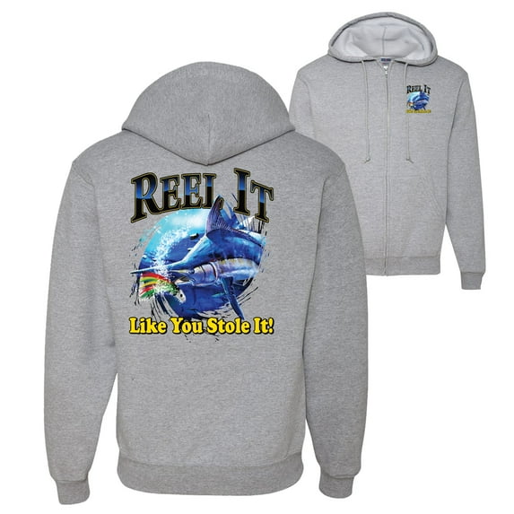 Wild Bobby,Reel It Like You Stole It Fishing Front and Back Graphic Zip Up Hoodie Sweatshirt, Heather Grey, Large